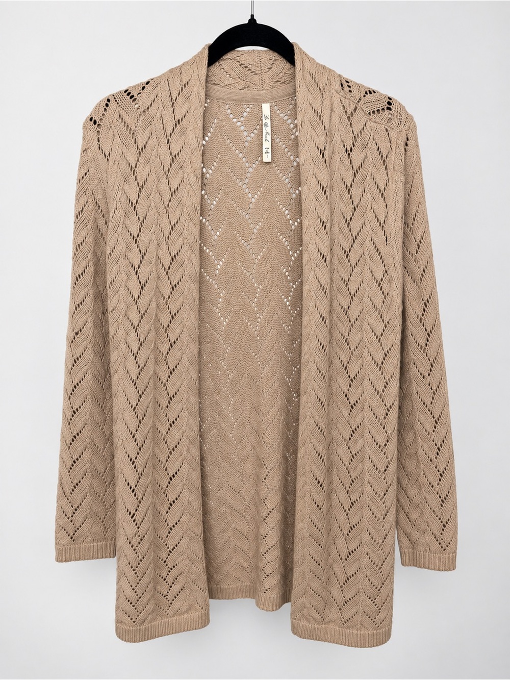 Leo & Nicole Women’s Large Beige Open Knit Cardigan Longline Crochet Sweater